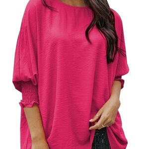 NWT Dokotoo 3/4 Sleeve Smocked Puff Sleeve Hot Pink Top Size 2XL